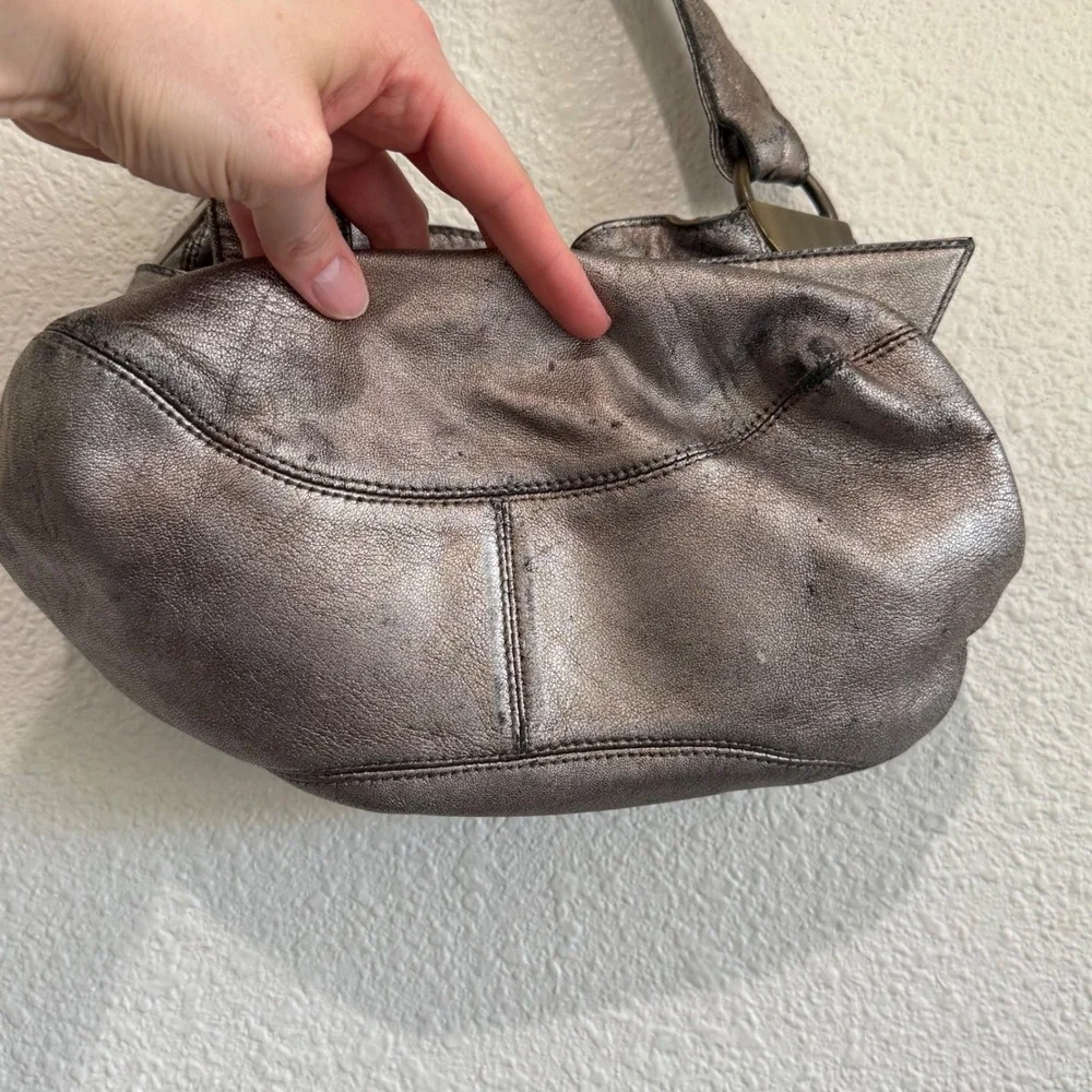 Kooba Metallic‎ Pewter Leather Bow Shoulder Bag Hobo Brass Hardware Vintage Y2K